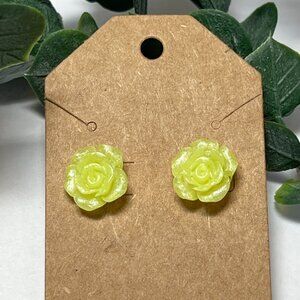 Pretty Yellow Pearlized Rose Flower Stud Earrings